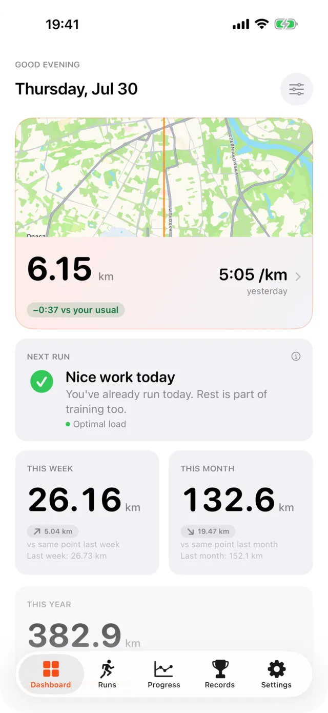 Le tableau de bord de TrueRun sur iPhone : dernière course sur la carte, distance de la semaine, du mois et de l’année.
