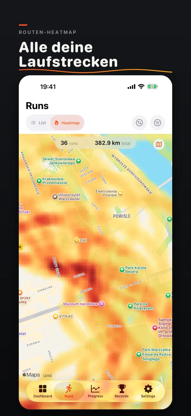 Bildschirmfoto: Routen-Heatmap. Alle deine Laufstrecken