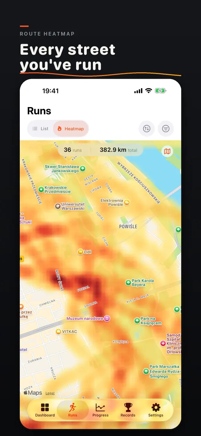 Screenshot: Route heatmap. Every street you've run
