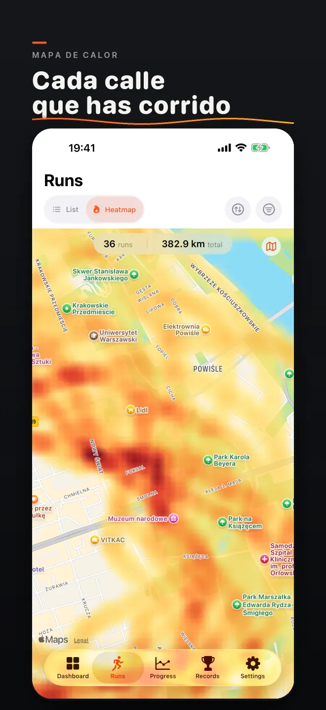 Captura de pantalla: Mapa de calor. Cada calle que has corrido