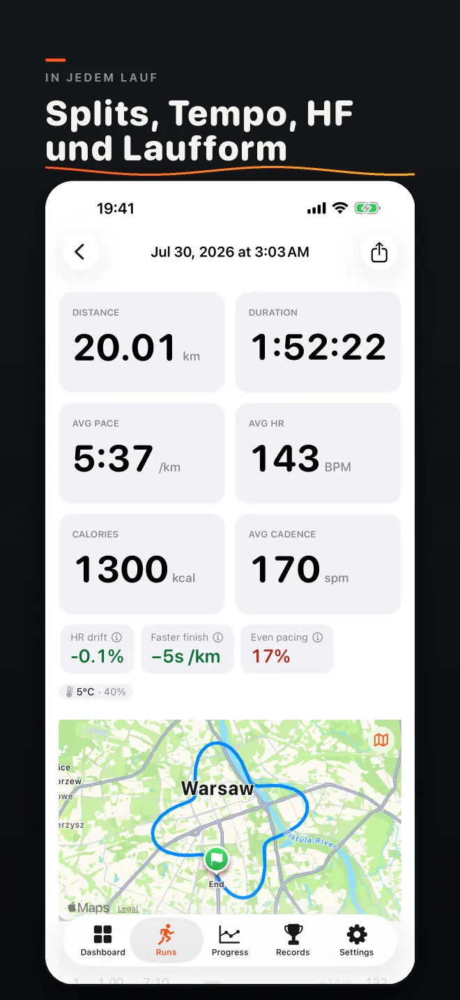 Bildschirmfoto: In jedem Lauf. Splits, Tempo, HF und Laufform