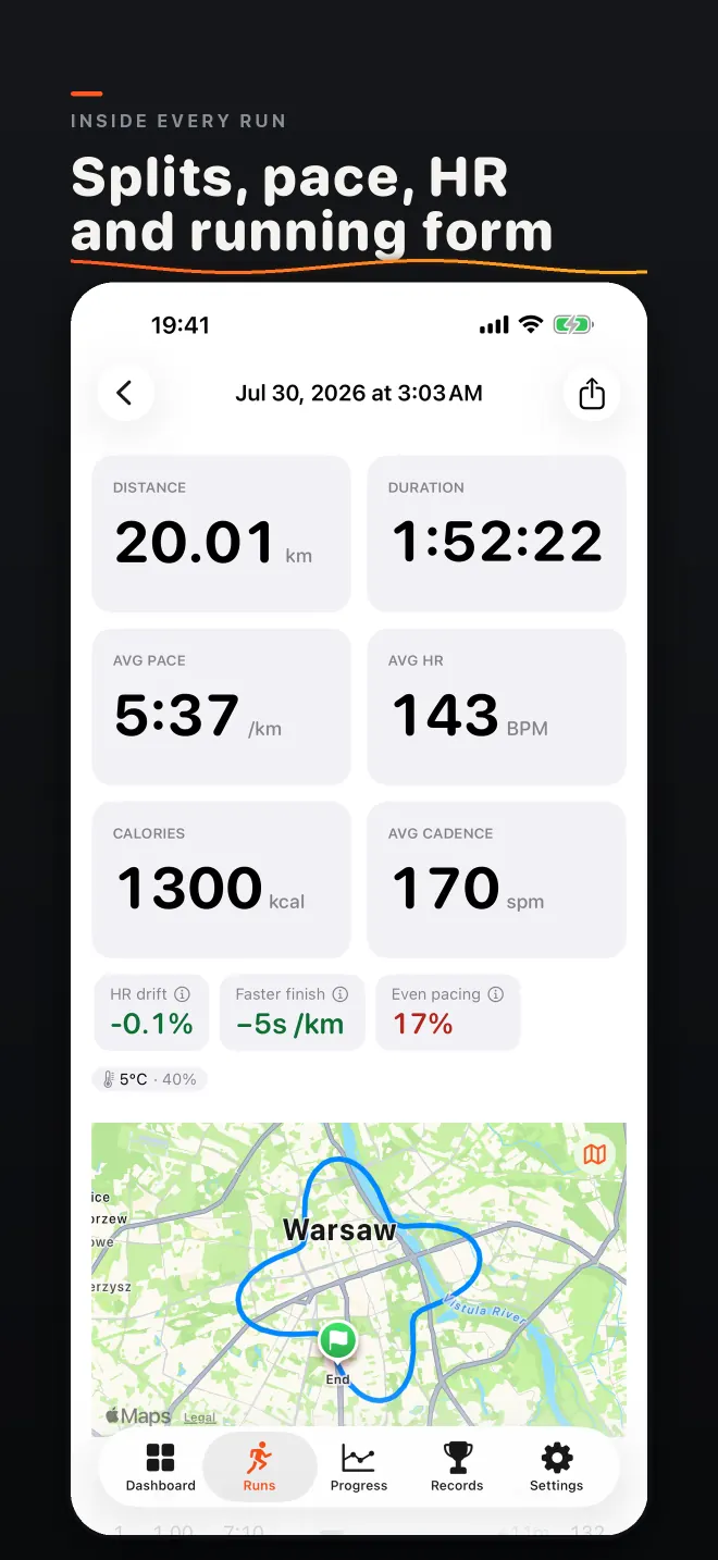Screenshot: Inside every run. Splits, pace, HR and running form